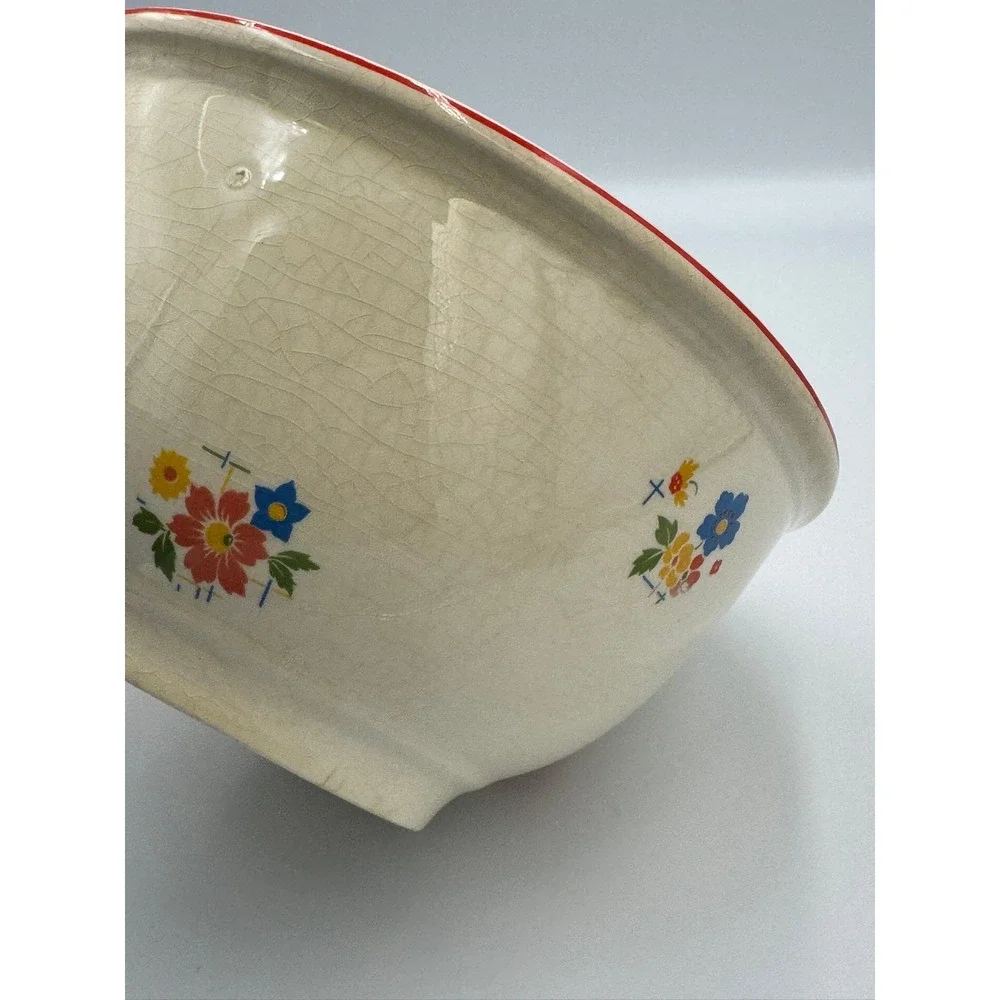 Vintage Homer Laughlin Kitchen Kraft Oven Serve‎ Floral Mixing Bowl Red Rim USA